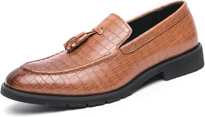 Men'S Leather Stone Pattern Tassel Slip-On Loafers,Fashion Pointed Toe Comfortable Low Top Non-Slip Dress Shoes,for Wedding Party Formal