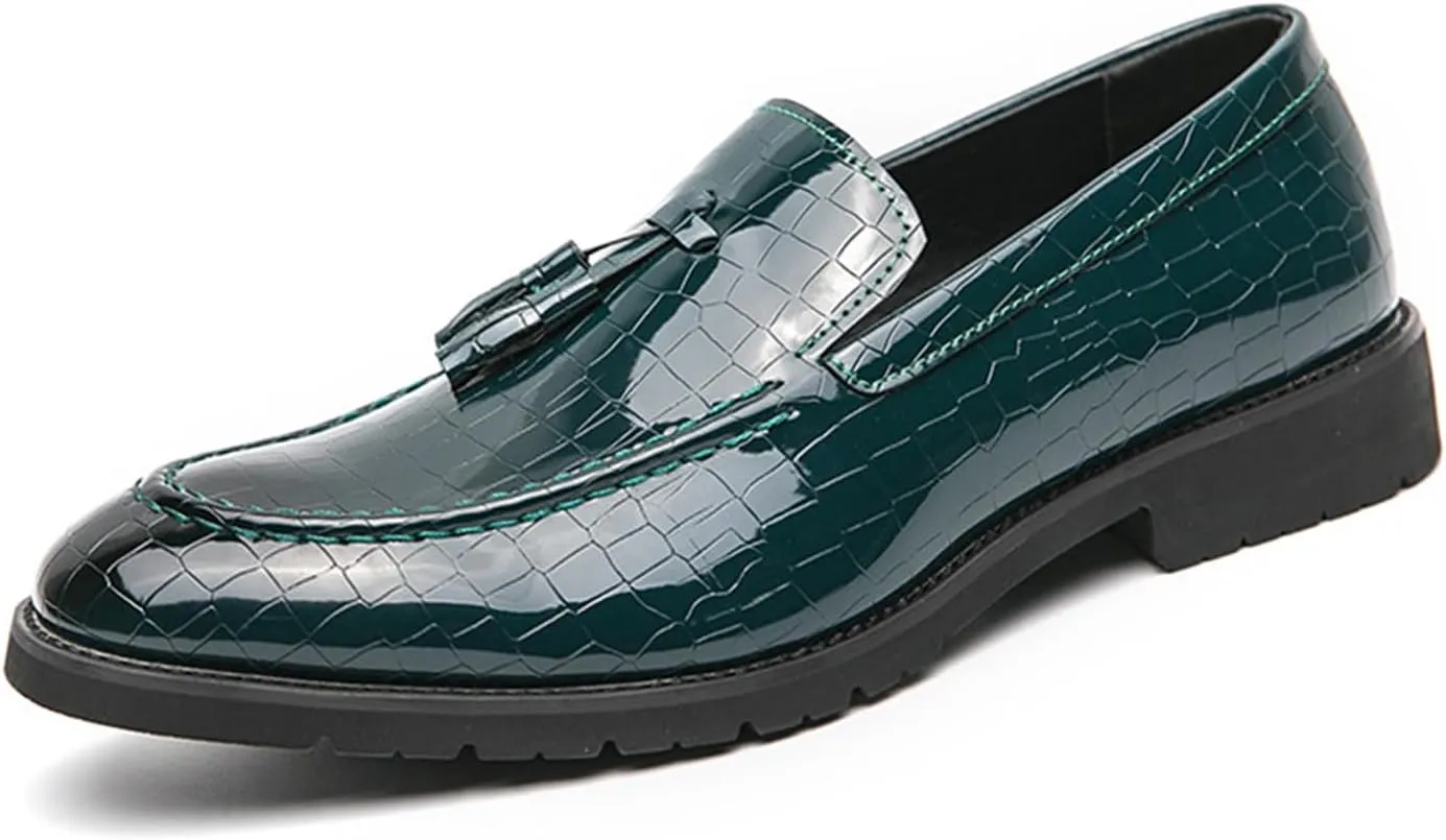 Men'S Leather Stone Pattern Tassel Slip-On Loafers,Fashion Pointed Toe Comfortable Low Top Non-Slip Dress Shoes,for Wedding Party Formal