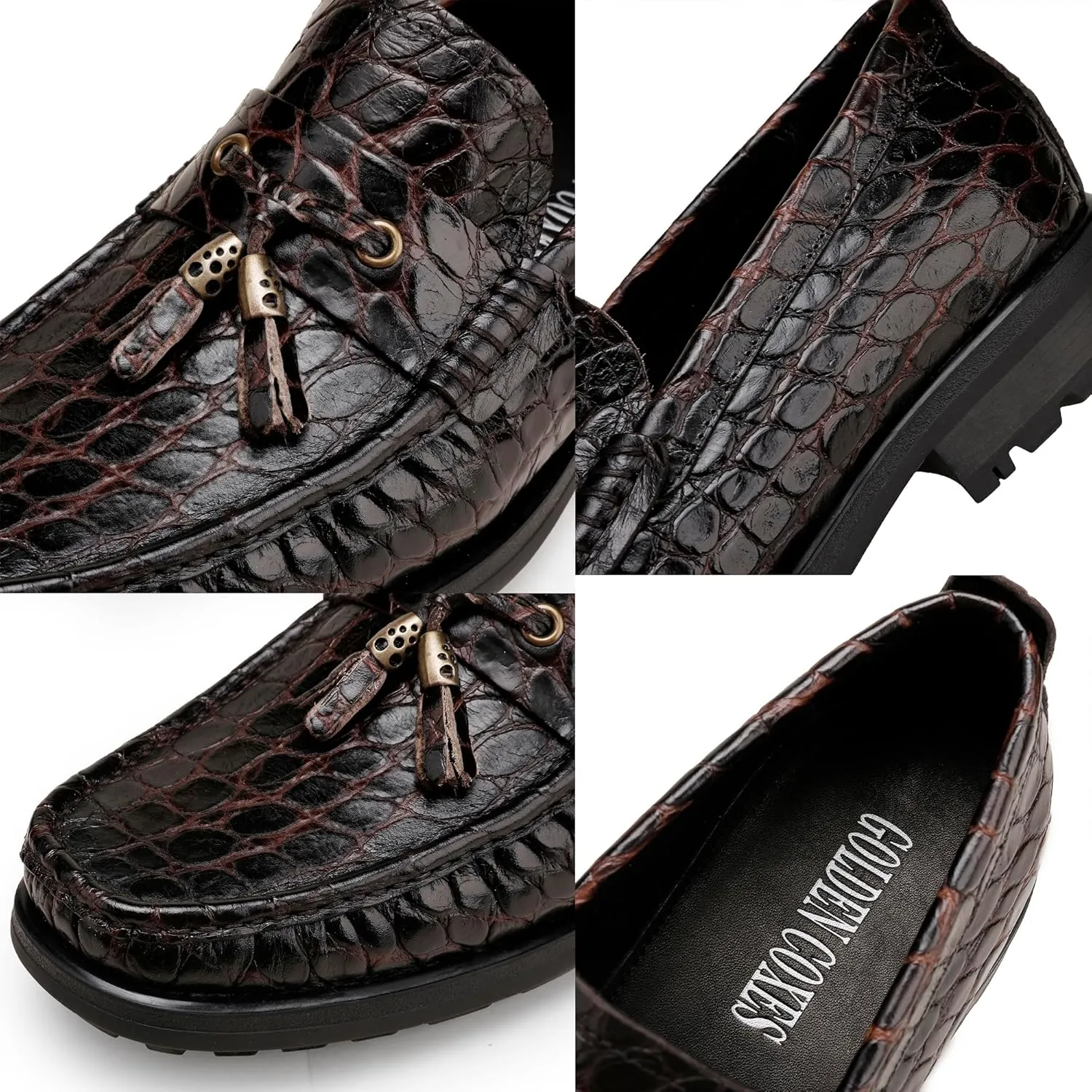 Men's Leather Tassel Loafers, Alligator Printed Penny Loafers Casual Party Shoes Soft Thick Sole Slip On Dress Shoes for Mens Weddings Business Shoes