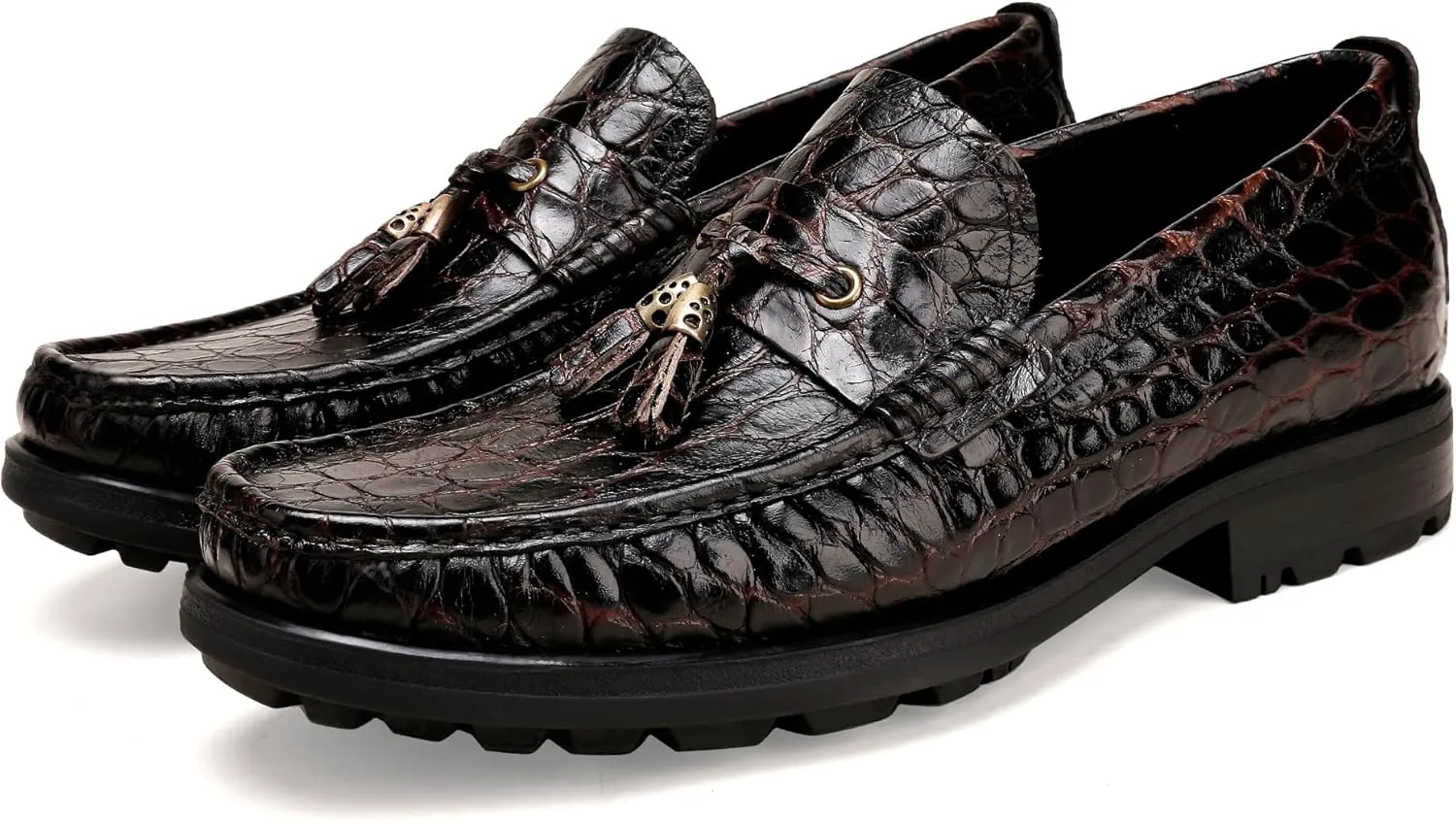 Men's Leather Tassel Loafers, Alligator Printed Penny Loafers Casual Party Shoes Soft Thick Sole Slip On Dress Shoes for Mens Weddings Business Shoes