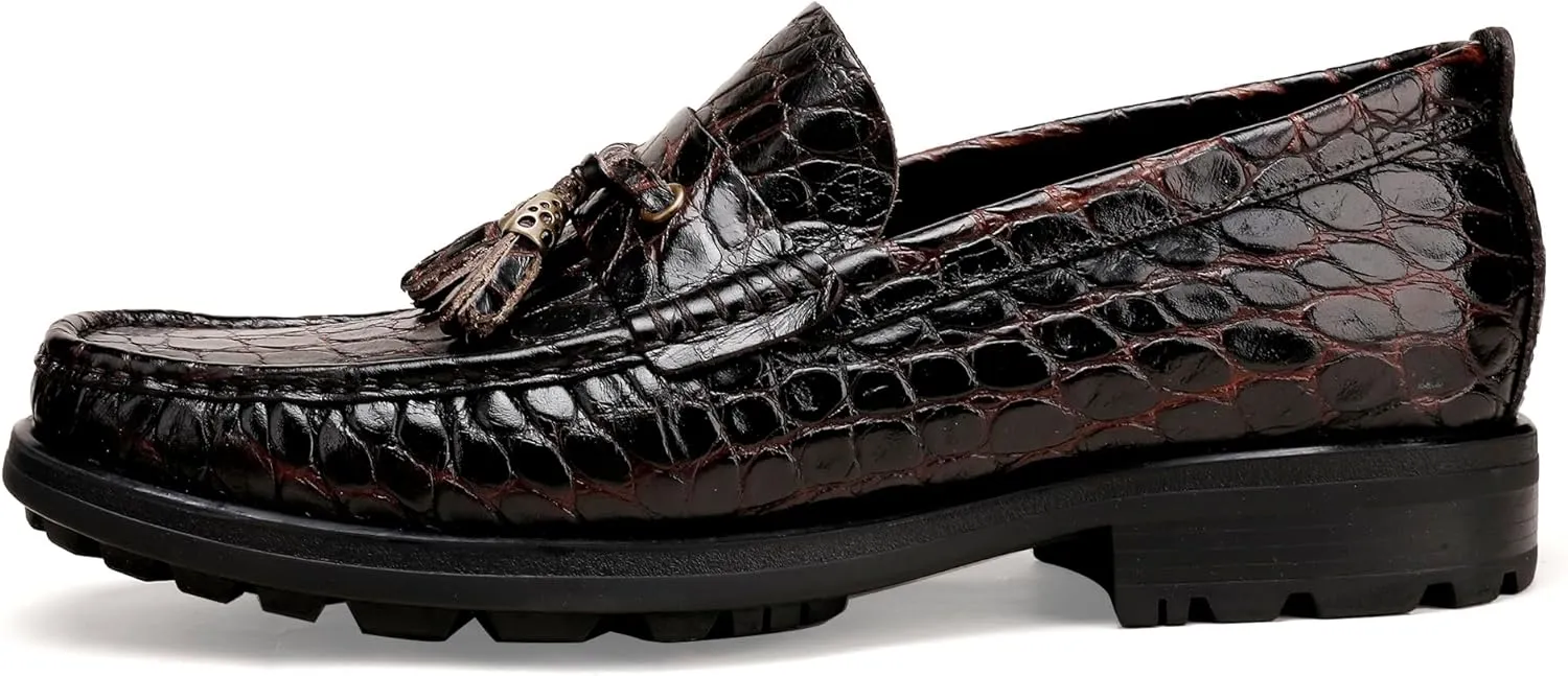 Men's Leather Tassel Loafers, Alligator Printed Penny Loafers Casual Party Shoes Soft Thick Sole Slip On Dress Shoes for Mens Weddings Business Shoes