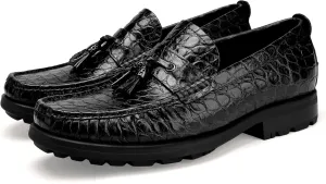 Men's Leather Tassel Loafers, Alligator Printed Penny Loafers Casual Party Shoes Soft Thick Sole Slip On Dress Shoes for Mens Weddings Business Shoes