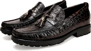 Men's Leather Tassel Loafers, Alligator Printed Penny Loafers Casual Party Shoes Soft Thick Sole Slip On Dress Shoes for Mens Weddings Business Shoes