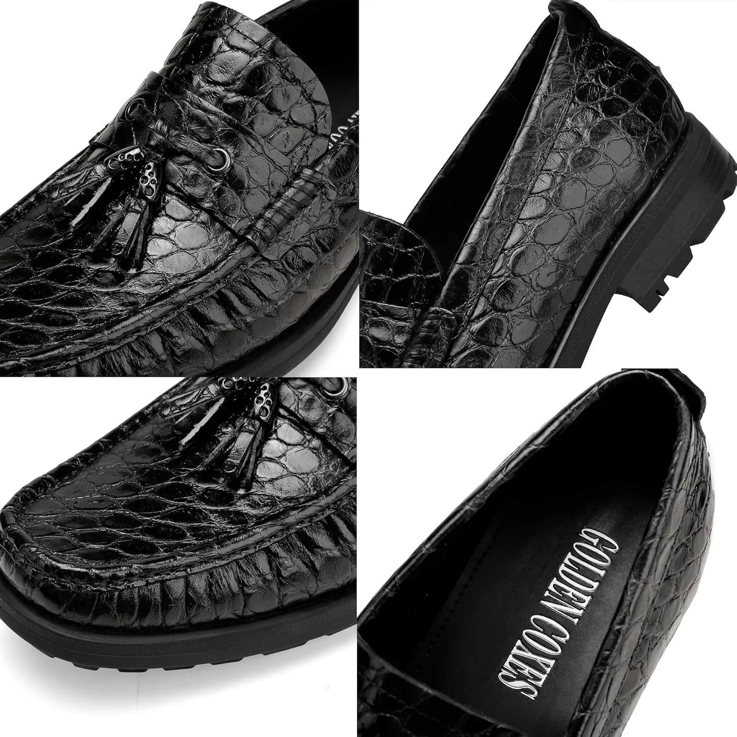 Men's Leather Tassel Loafers, Alligator Printed Penny Loafers Casual Party Shoes Soft Thick Sole Slip On Dress Shoes for Mens Weddings Business Shoes
