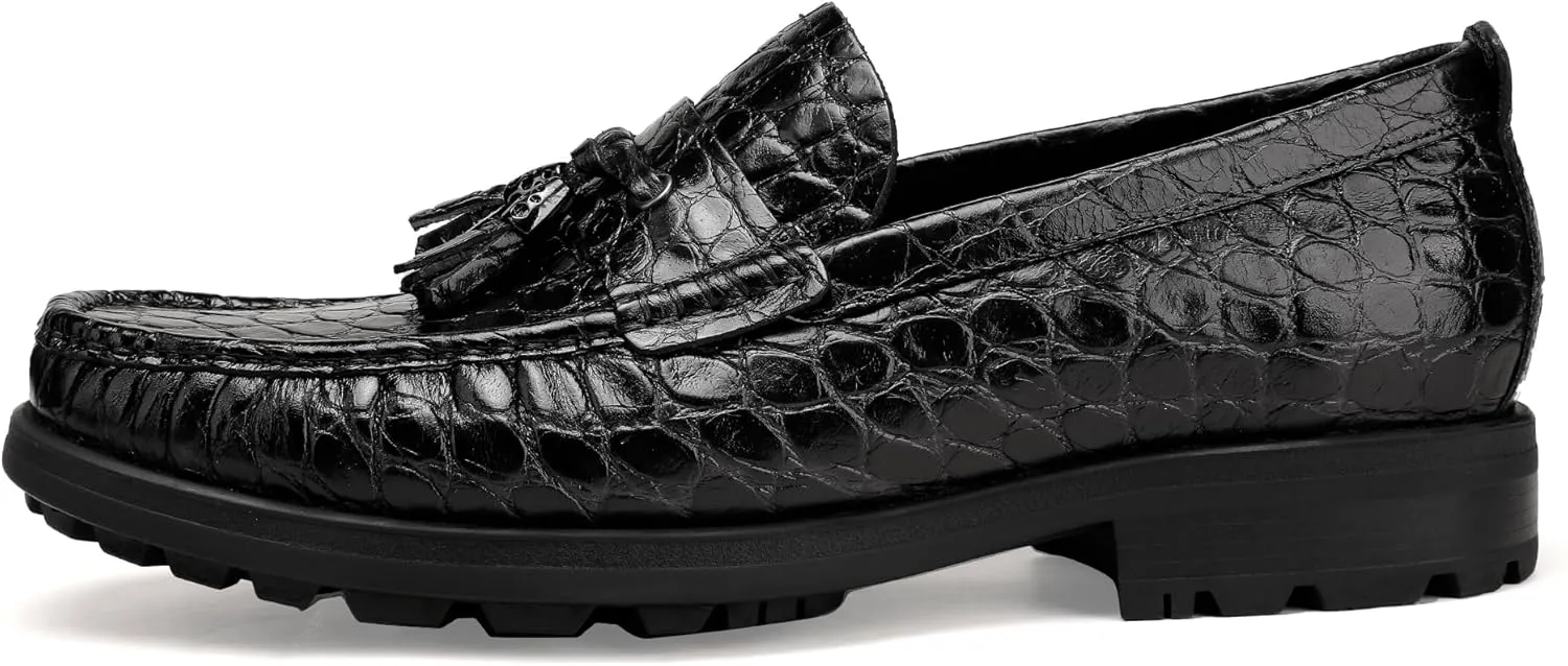 Men's Leather Tassel Loafers, Alligator Printed Penny Loafers Casual Party Shoes Soft Thick Sole Slip On Dress Shoes for Mens Weddings Business Shoes