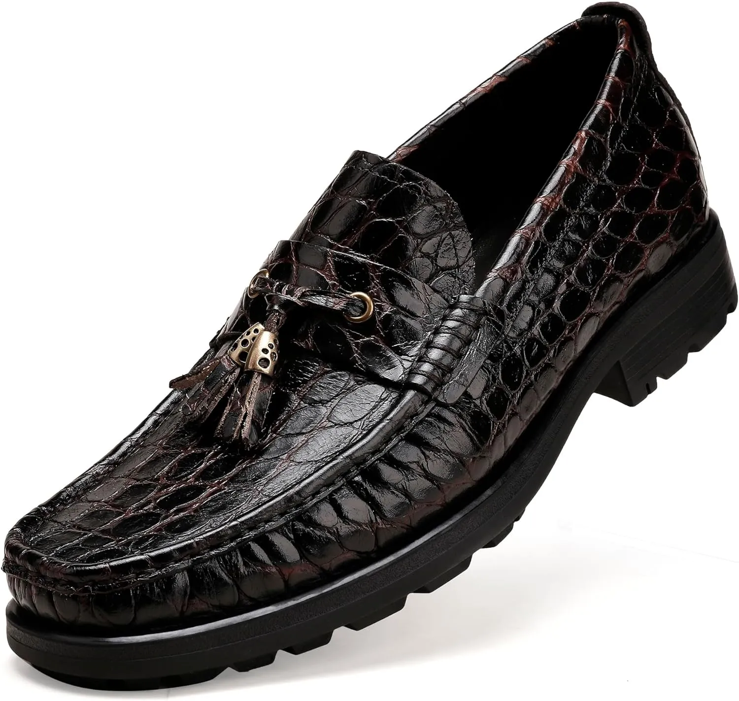Men's Leather Tassel Loafers, Alligator Printed Penny Loafers Casual Party Shoes Soft Thick Sole Slip On Dress Shoes for Mens Weddings Business Shoes