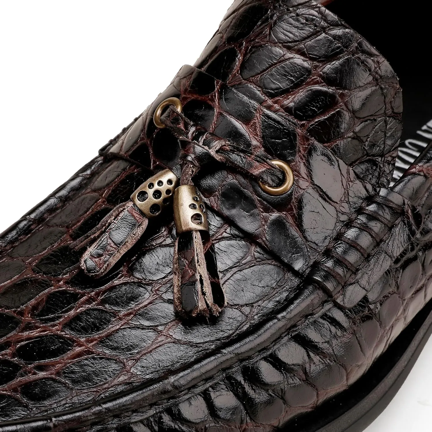 Men's Leather Tassel Loafers, Alligator Printed Penny Loafers Casual Party Shoes Soft Thick Sole Slip On Dress Shoes for Mens Weddings Business Shoes