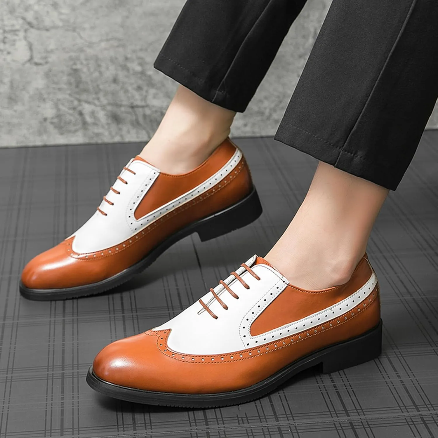 Men's Leather Two Tone Perforated Brogue Dress Shoes,Fashion Round Toe Lace-up Business Oxfords,Comfort Non-Slip Spectator Formal Shoes