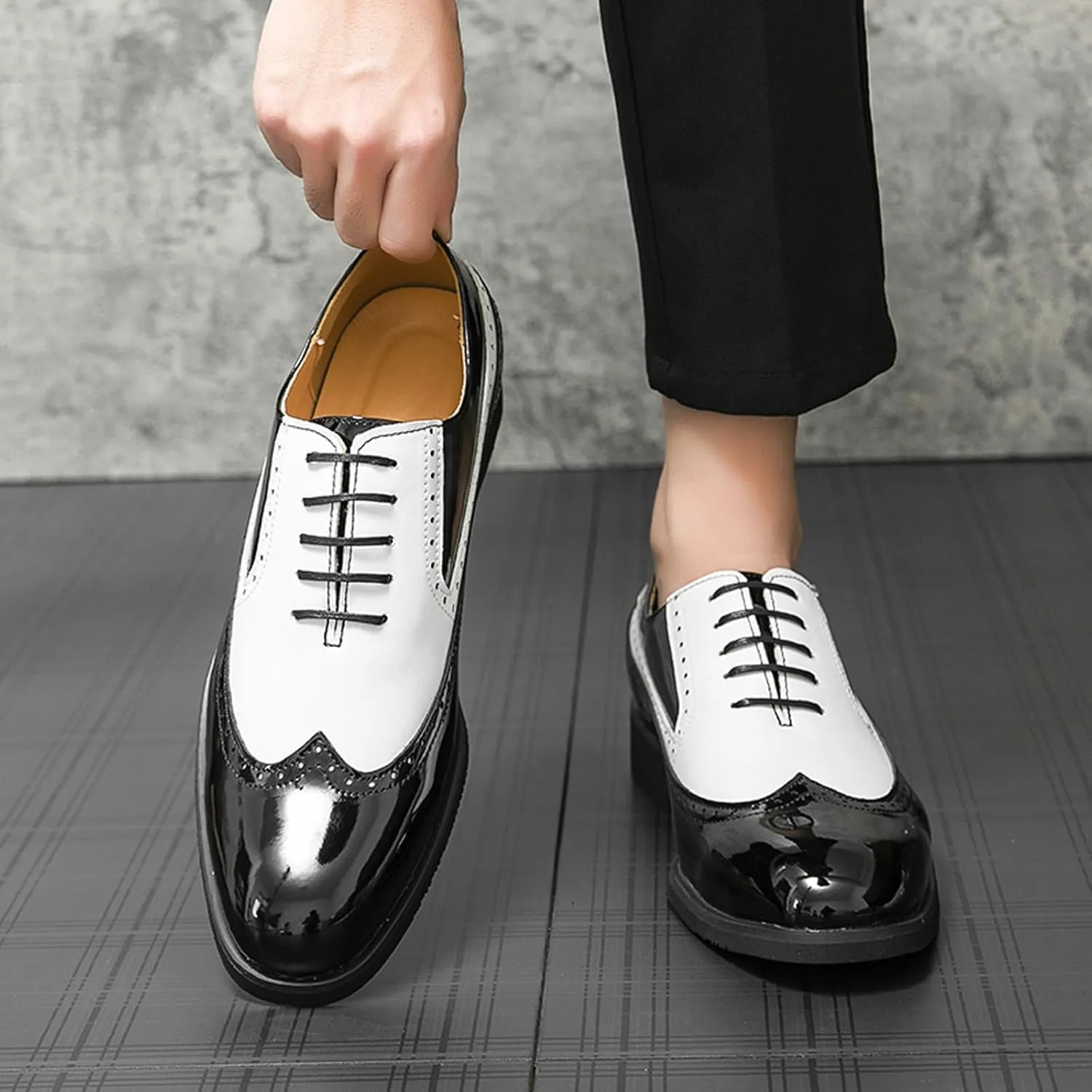 Men's Leather Two Tone Perforated Brogue Dress Shoes,Fashion Round Toe Lace-up Business Oxfords,Comfort Non-Slip Spectator Formal Shoes