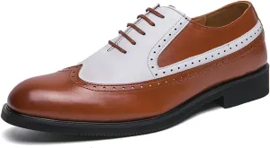 Men's Leather Two Tone Perforated Brogue Dress Shoes,Fashion Round Toe Lace-up Business Oxfords,Comfort Non-Slip Spectator Formal Shoes