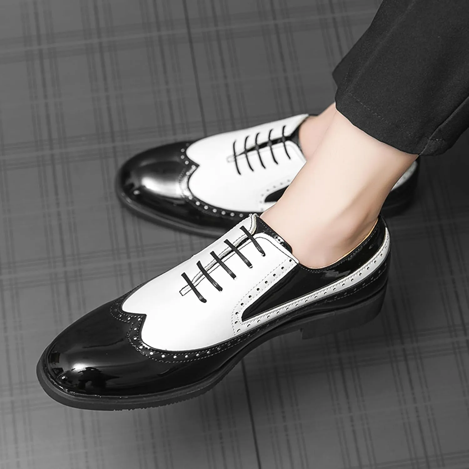 Men's Leather Two Tone Perforated Brogue Dress Shoes,Fashion Round Toe Lace-up Business Oxfords,Comfort Non-Slip Spectator Formal Shoes