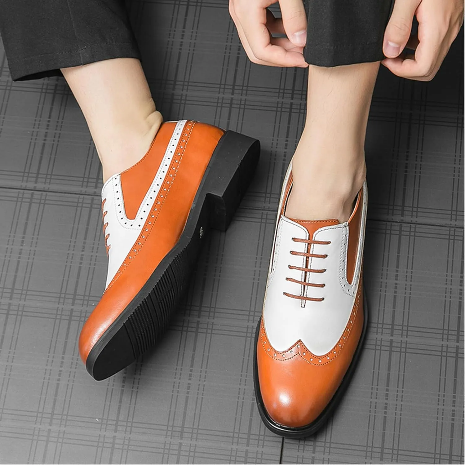 Men's Leather Two Tone Perforated Brogue Dress Shoes,Fashion Round Toe Lace-up Business Oxfords,Comfort Non-Slip Spectator Formal Shoes