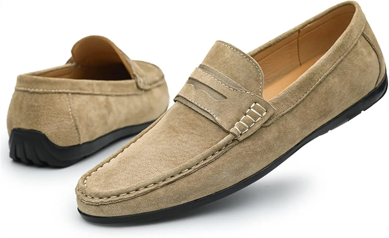 Men's Loafers Genuine Leather Penny Loafer Suede Vamp Stitching Details Round Toe Lightweight Comfortable Flexible Classic Slip-ons