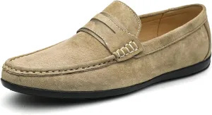Men's Loafers Genuine Leather Penny Loafer Suede Vamp Stitching Details Round Toe Lightweight Comfortable Flexible Classic Slip-ons