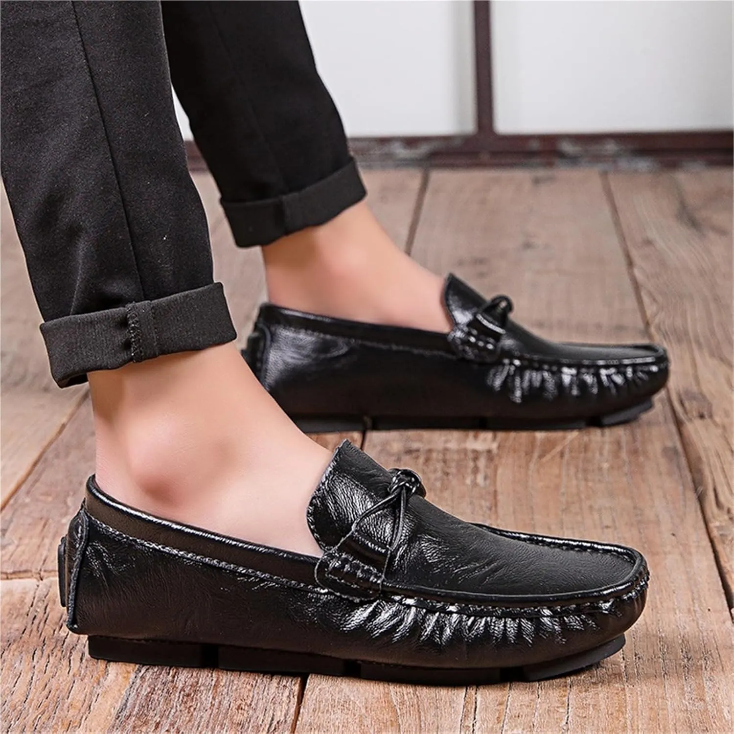 Mens Loafers Square Toe PU Leather with Tassel Driving Style Loafer Slip Resistant Lightweight Flexible Classic Slip-ons