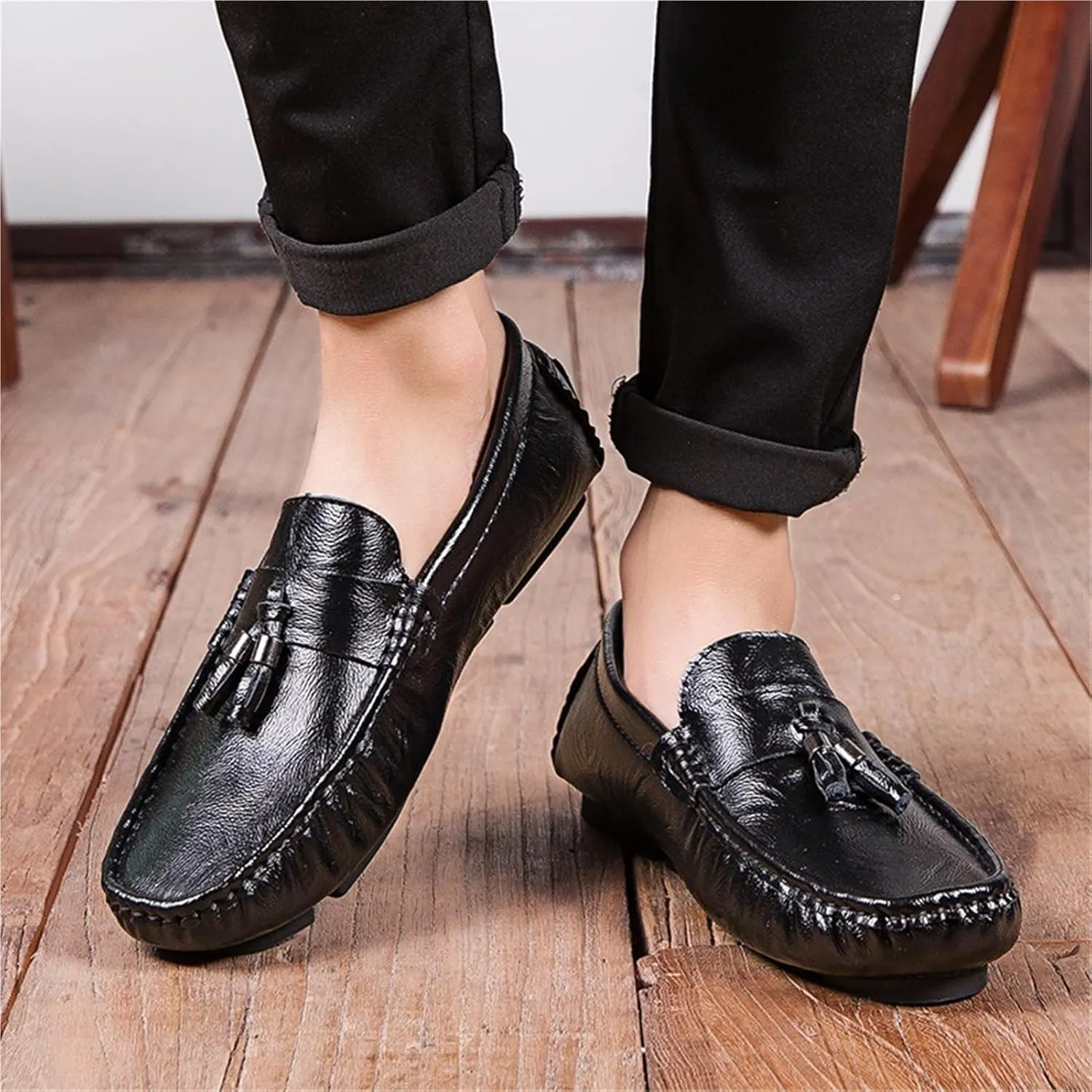 Mens Loafers Square Toe PU Leather with Tassel Driving Style Loafer Slip Resistant Lightweight Flexible Classic Slip-ons