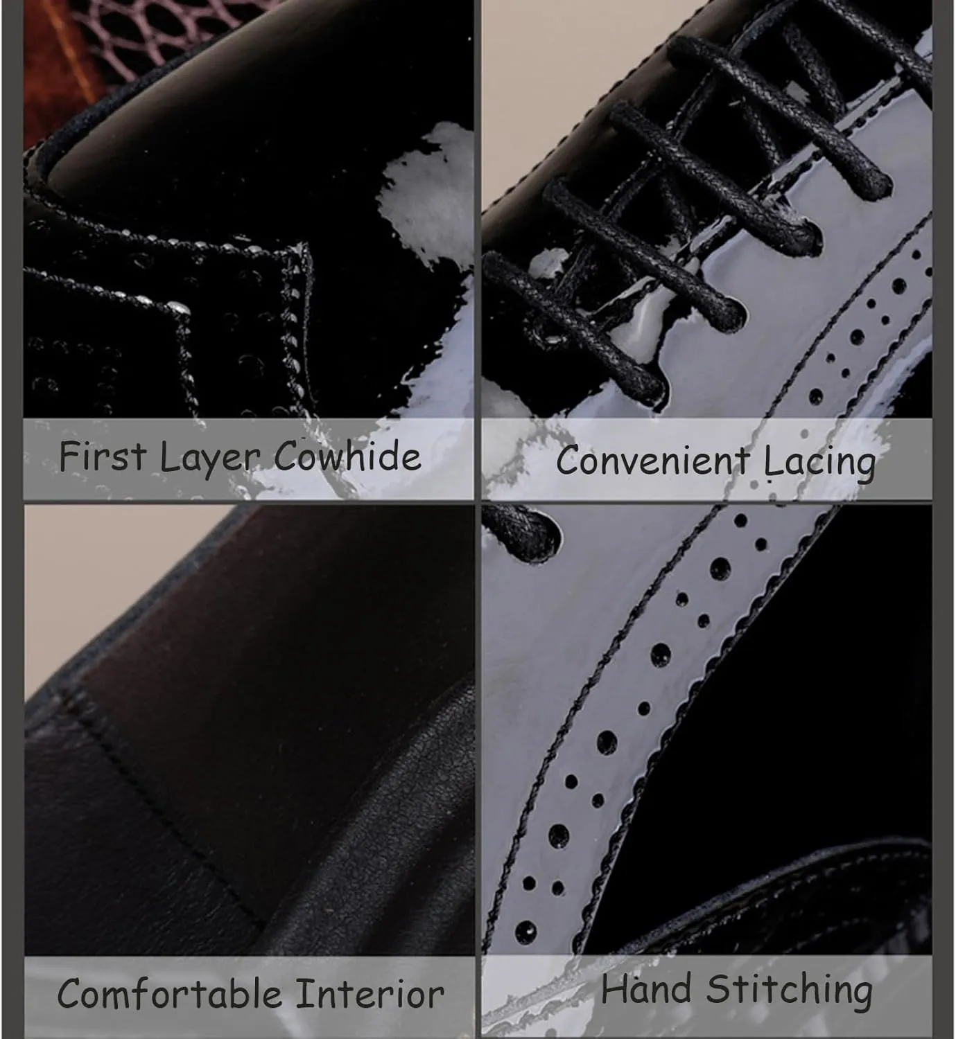 Men's Patent Leather Carved Brogue Oxford Shoes with Adjustable Laces, Casual Thick Sole Business Shoes