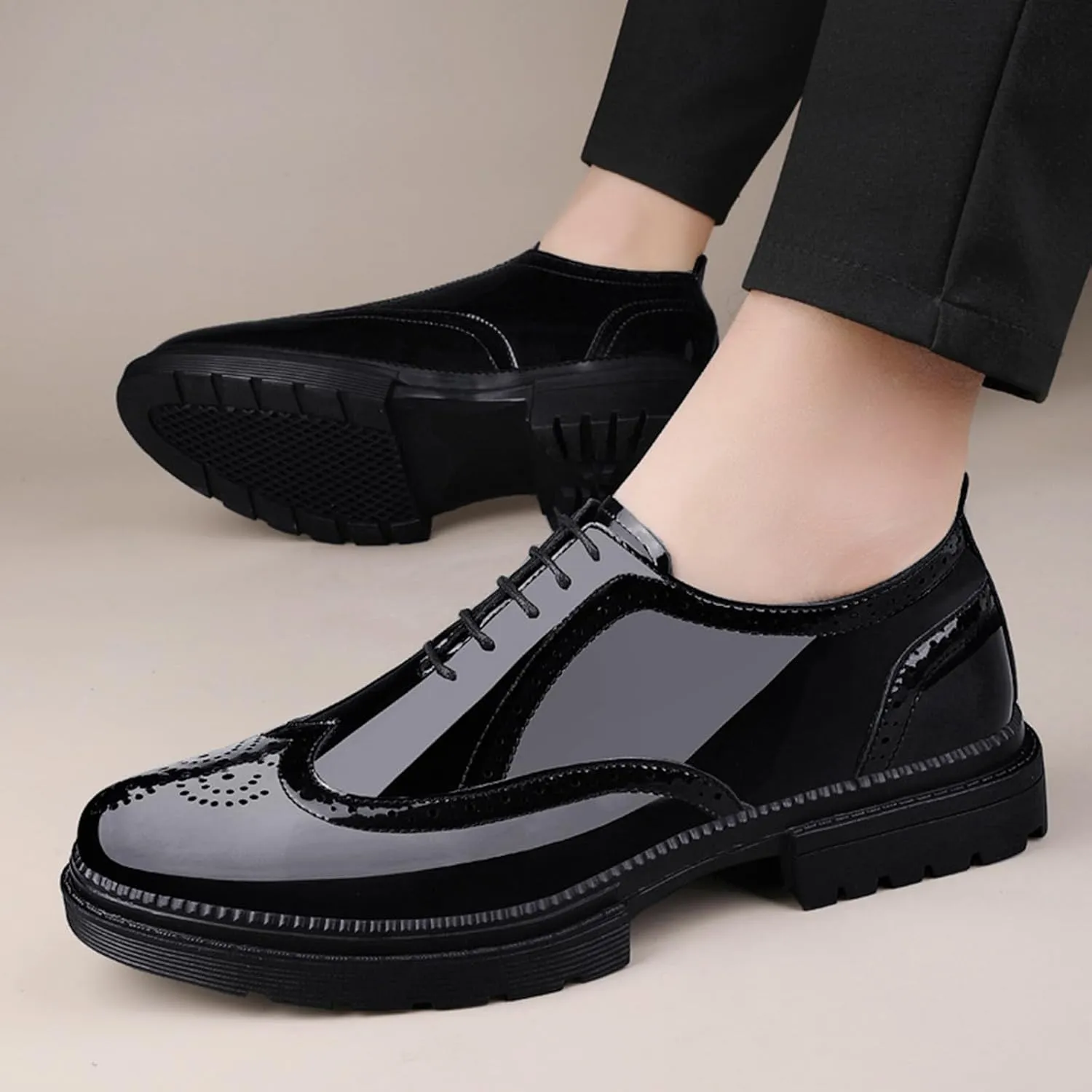 Men's Patent Leather Carved Brogue Oxford Shoes with Adjustable Laces, Casual Thick Sole Business Shoes