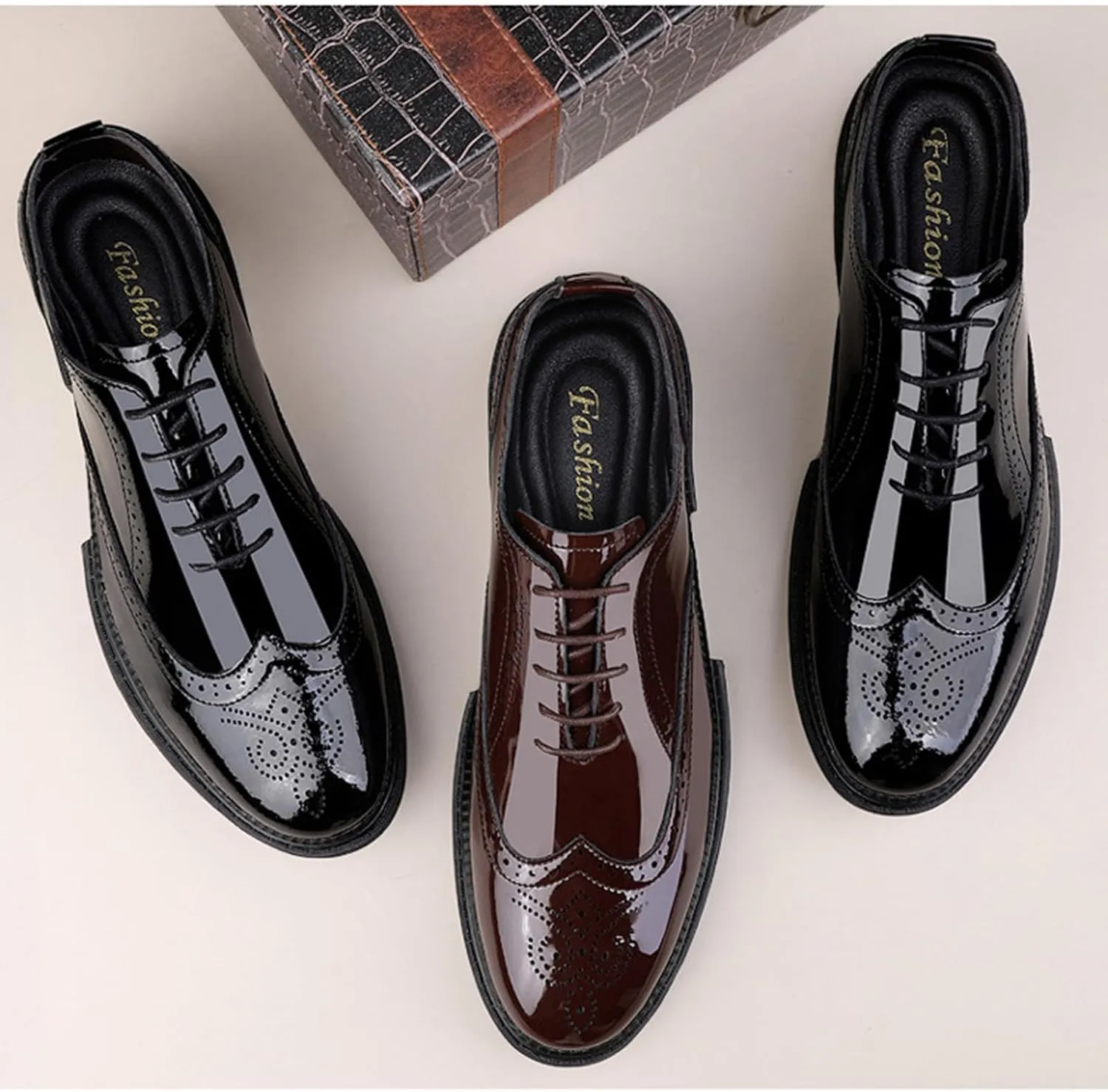 Men's Patent Leather Carved Brogue Oxford Shoes with Adjustable Laces, Casual Thick Sole Business Shoes