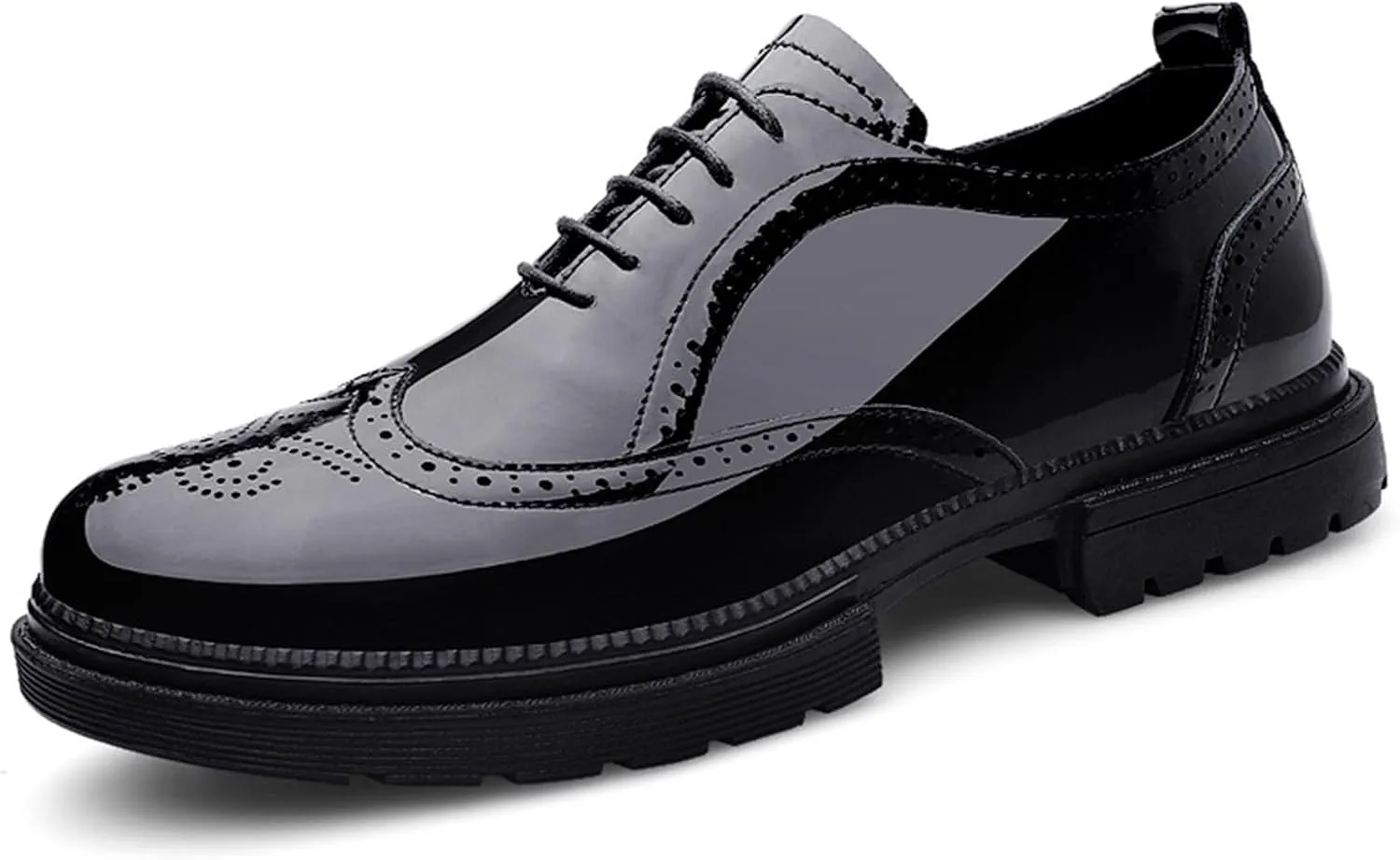 Men's Patent Leather Carved Brogue Oxford Shoes with Adjustable Laces, Casual Thick Sole Business Shoes