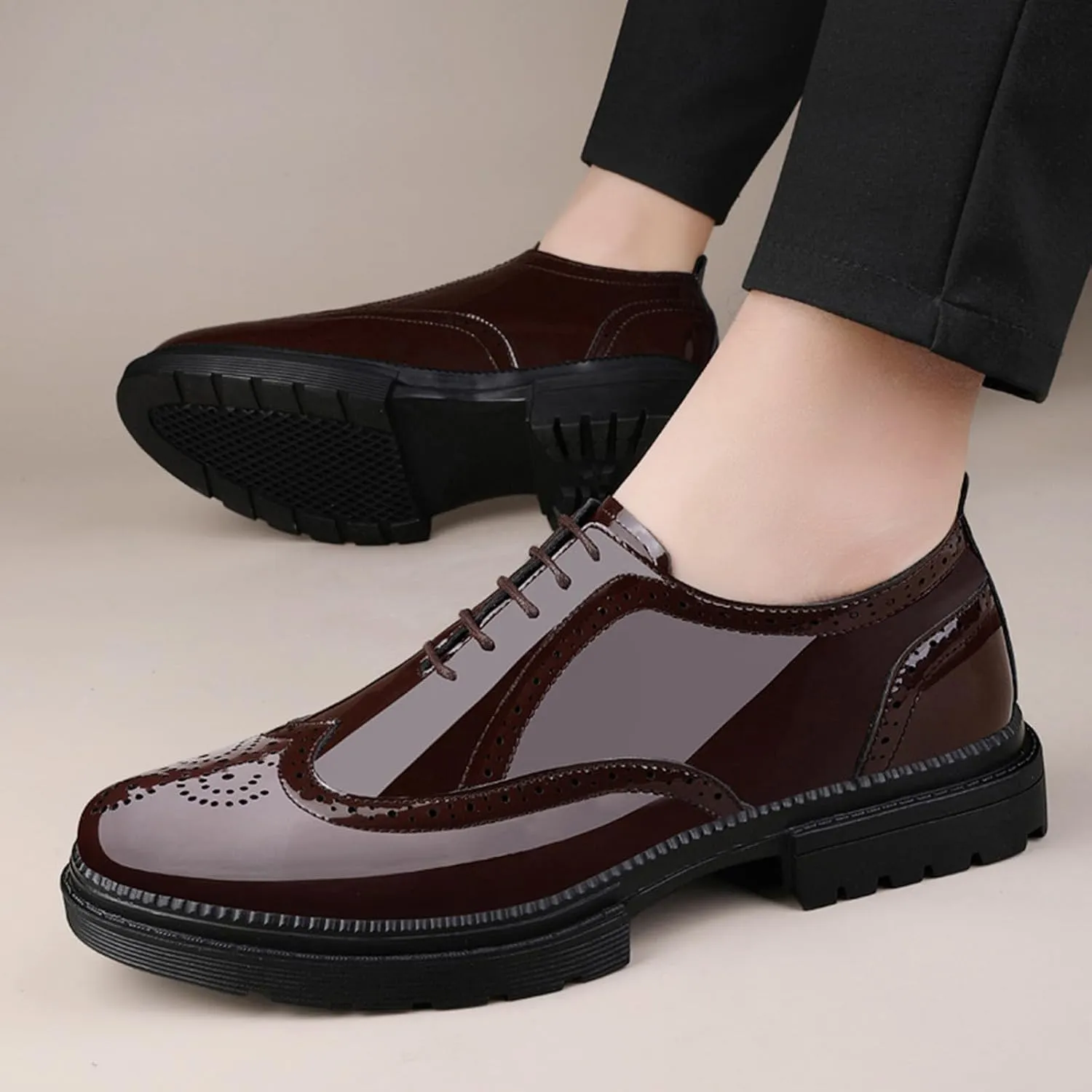 Men's Patent Leather Carved Brogue Oxford Shoes with Adjustable Laces, Casual Thick Sole Business Shoes