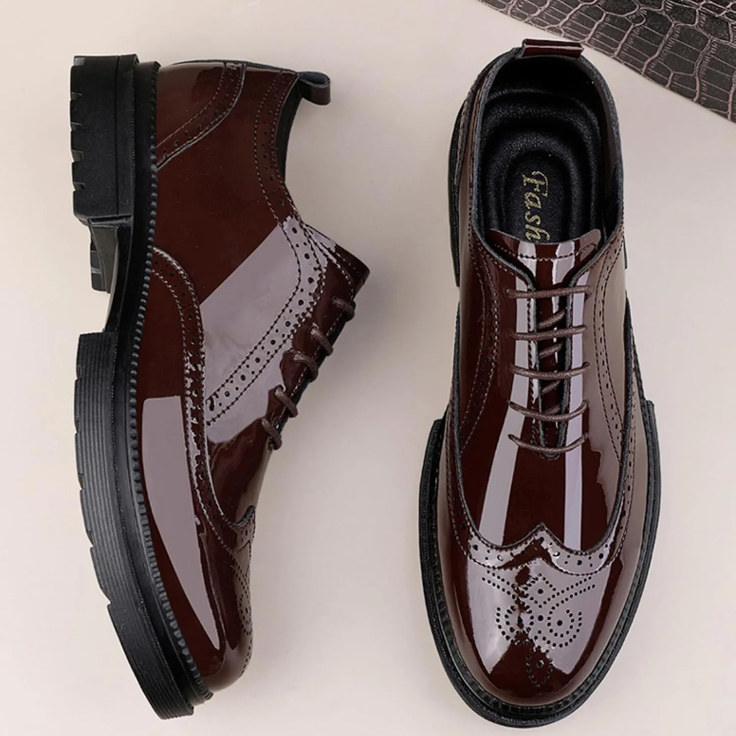 Men's Patent Leather Carved Brogue Oxford Shoes with Adjustable Laces, Casual Thick Sole Business Shoes
