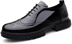 Men's Patent Leather Carved Brogue Oxford Shoes with Adjustable Laces, Casual Thick Sole Business Shoes