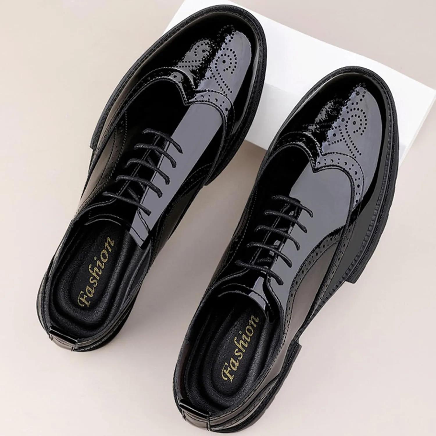 Men's Patent Leather Carved Brogue Oxford Shoes with Adjustable Laces, Casual Thick Sole Business Shoes