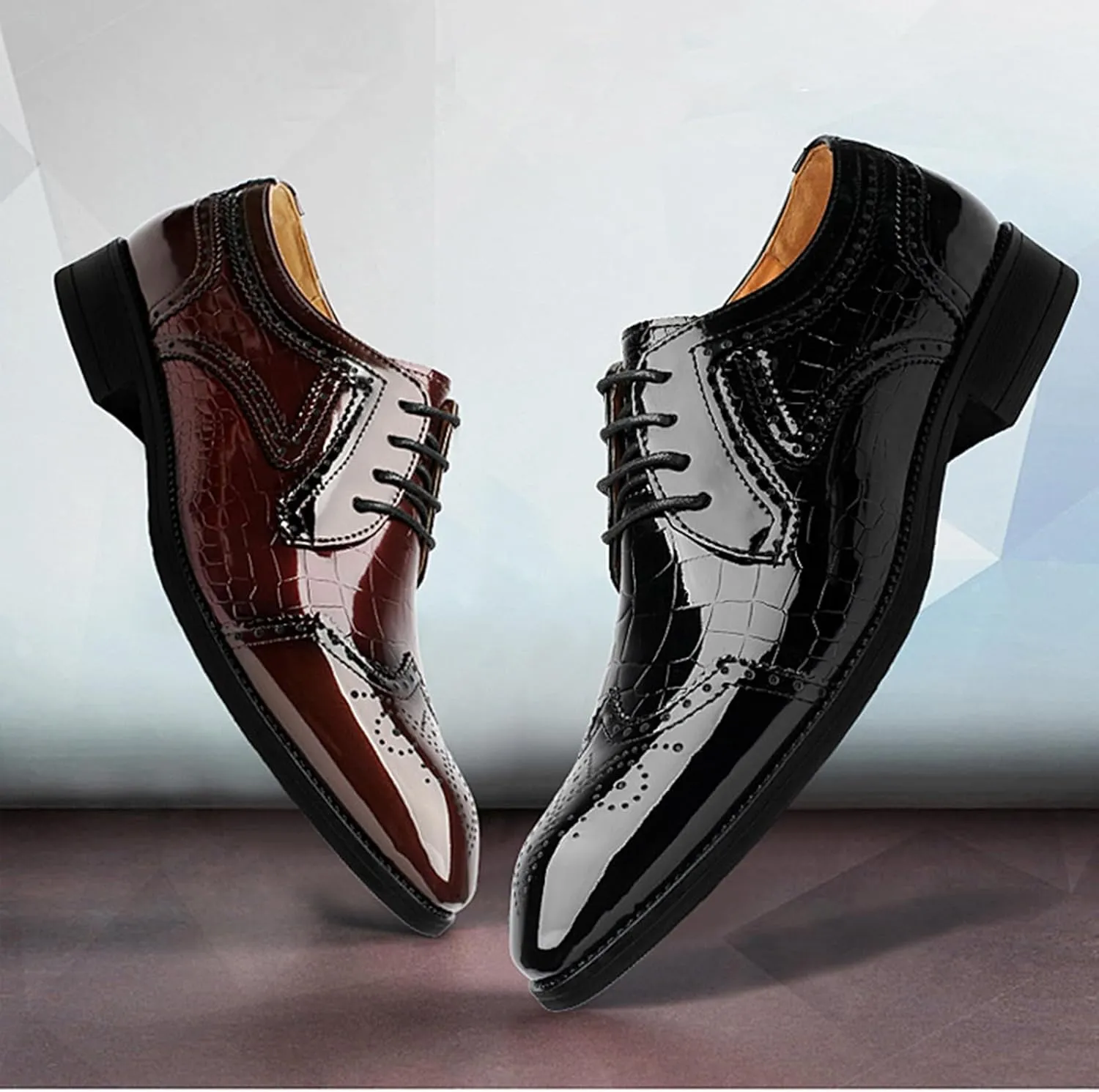 Men's Patent Leather Carved Brogue Oxford Shoes with Adjustable Laces Pointed Toe Wedding Shoes for Men, Business Formal Casual Shoes