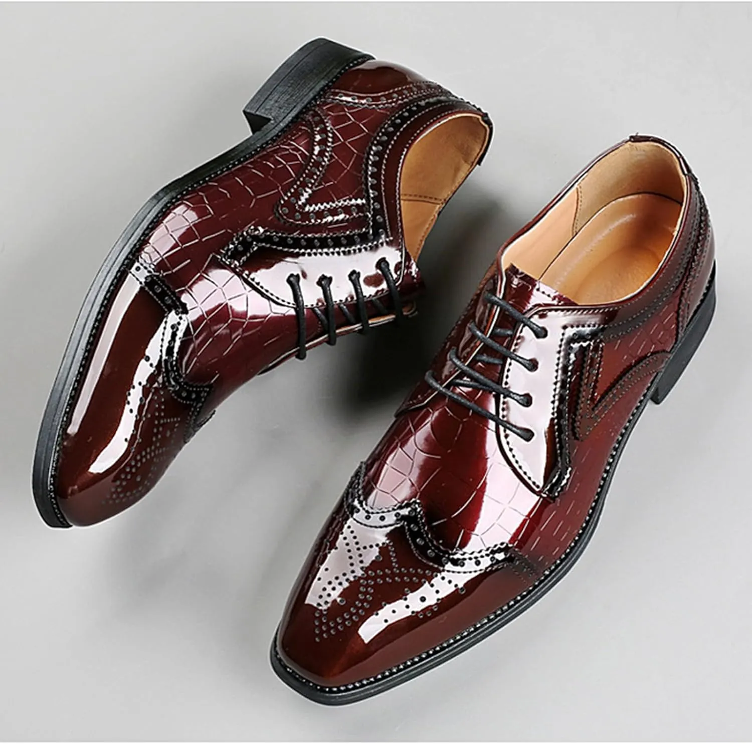 Men's Patent Leather Carved Brogue Oxford Shoes with Adjustable Laces Pointed Toe Wedding Shoes for Men, Business Formal Casual Shoes