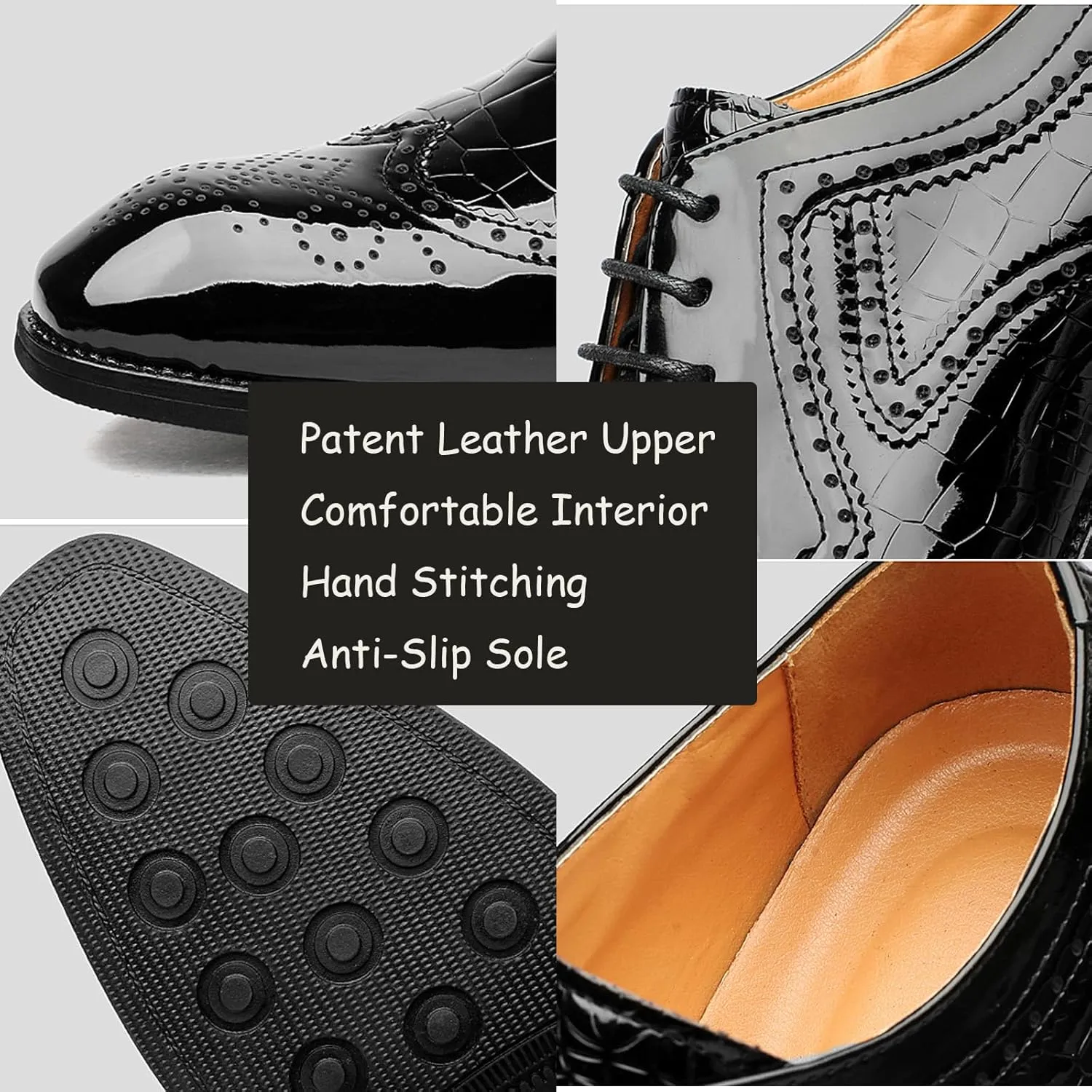Men's Patent Leather Carved Brogue Oxford Shoes with Adjustable Laces Pointed Toe Wedding Shoes for Men, Business Formal Casual Shoes