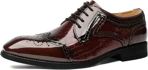 Men's Patent Leather Carved Brogue Oxford Shoes with Adjustable Laces Pointed Toe Wedding Shoes for Men, Business Formal Casual Shoes