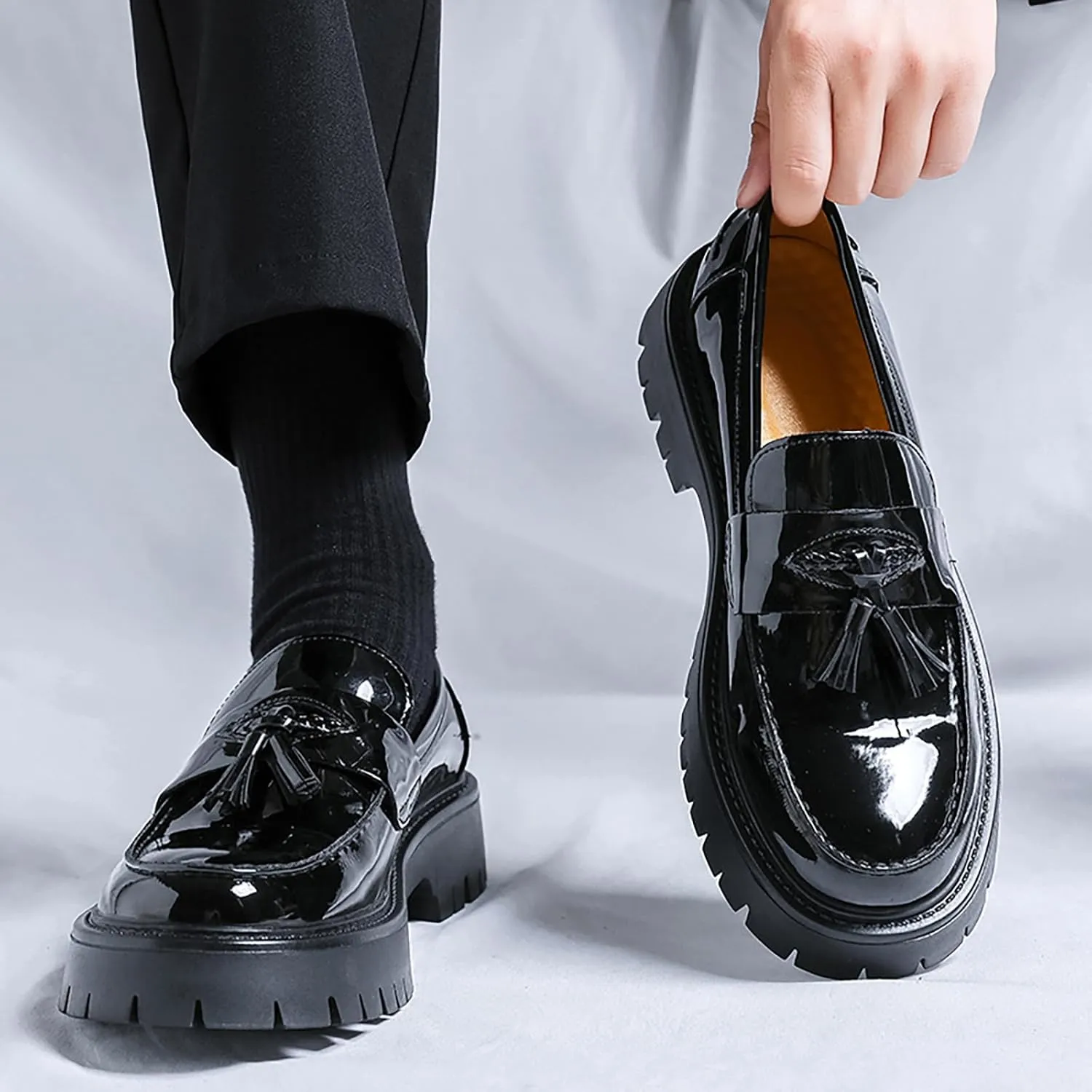 Men's Patent Leather Platform Tassel Loafers - Round Toe Slip-On Chunky Heel Lug Sole Penny Shoes Fashion Business Dress Shoes