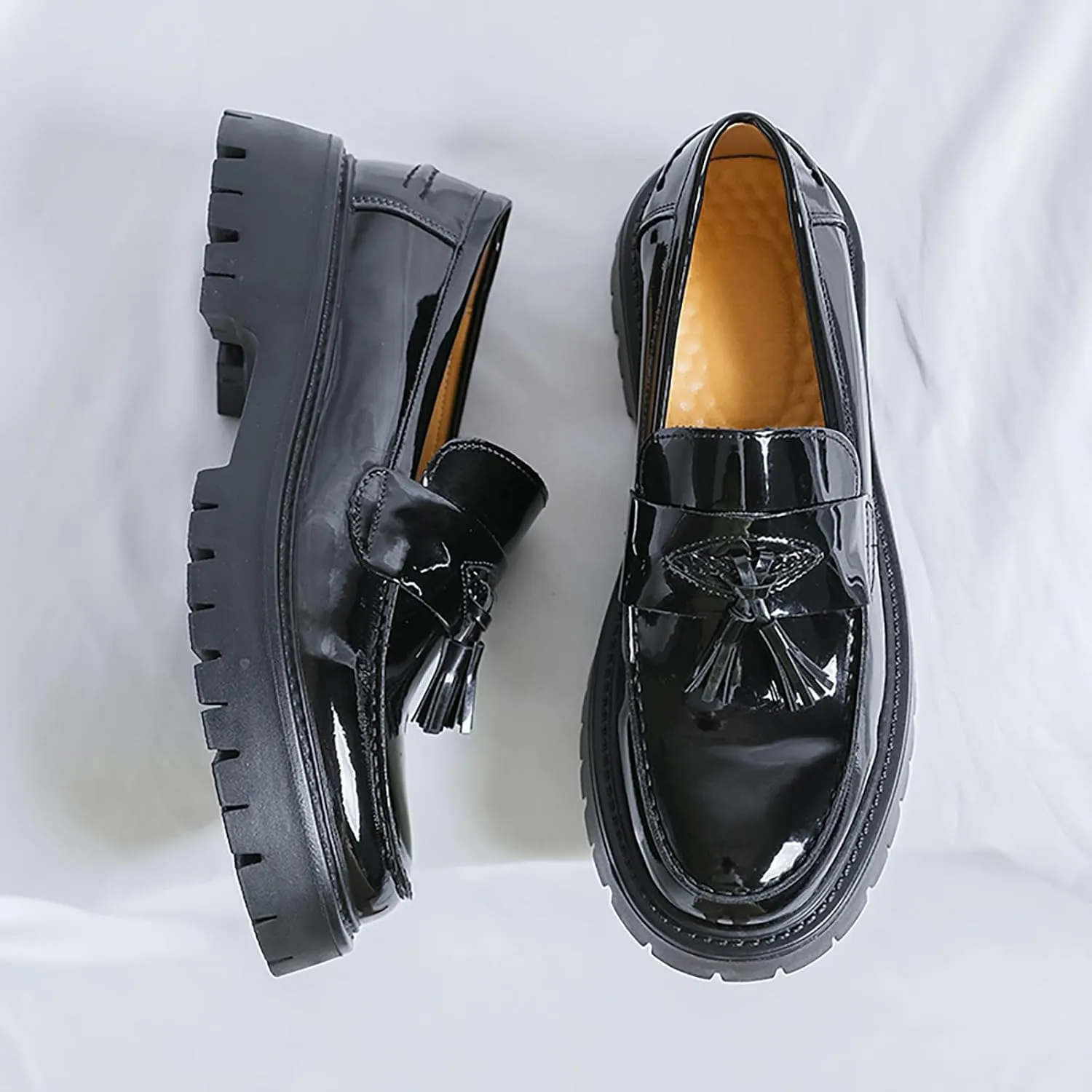 Men's Patent Leather Platform Tassel Loafers - Round Toe Slip-On Chunky Heel Lug Sole Penny Shoes Fashion Business Dress Shoes