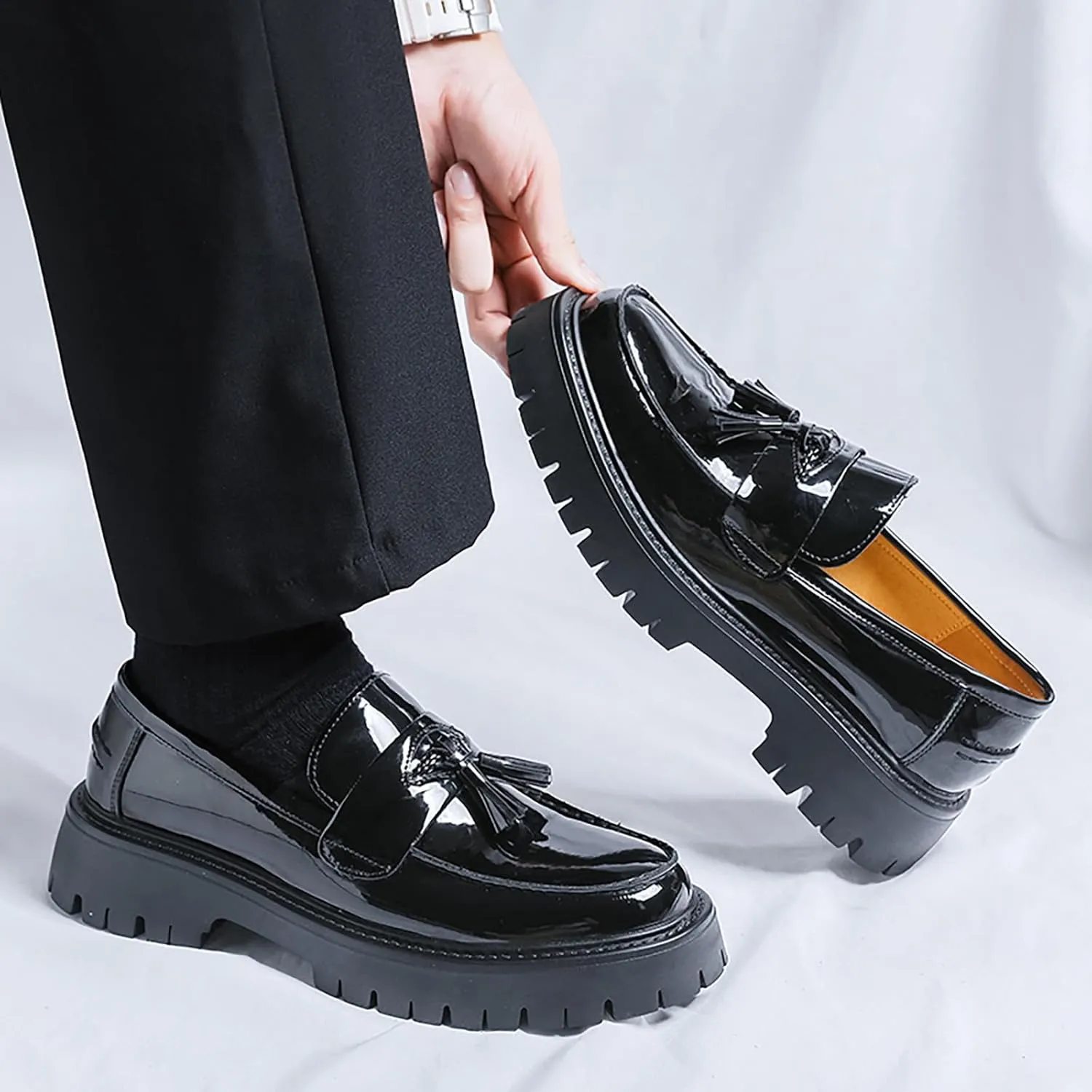 Men's Patent Leather Platform Tassel Loafers - Round Toe Slip-On Chunky Heel Lug Sole Penny Shoes Fashion Business Dress Shoes