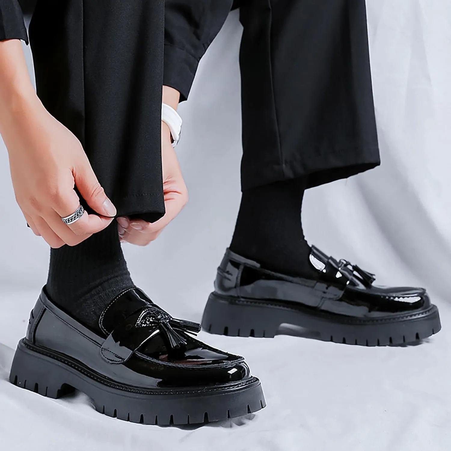 Men's Patent Leather Platform Tassel Loafers - Round Toe Slip-On Chunky Heel Lug Sole Penny Shoes Fashion Business Dress Shoes