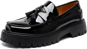Men's Patent Leather Platform Tassel Loafers - Round Toe Slip-On Chunky Heel Lug Sole Penny Shoes Fashion Business Dress Shoes