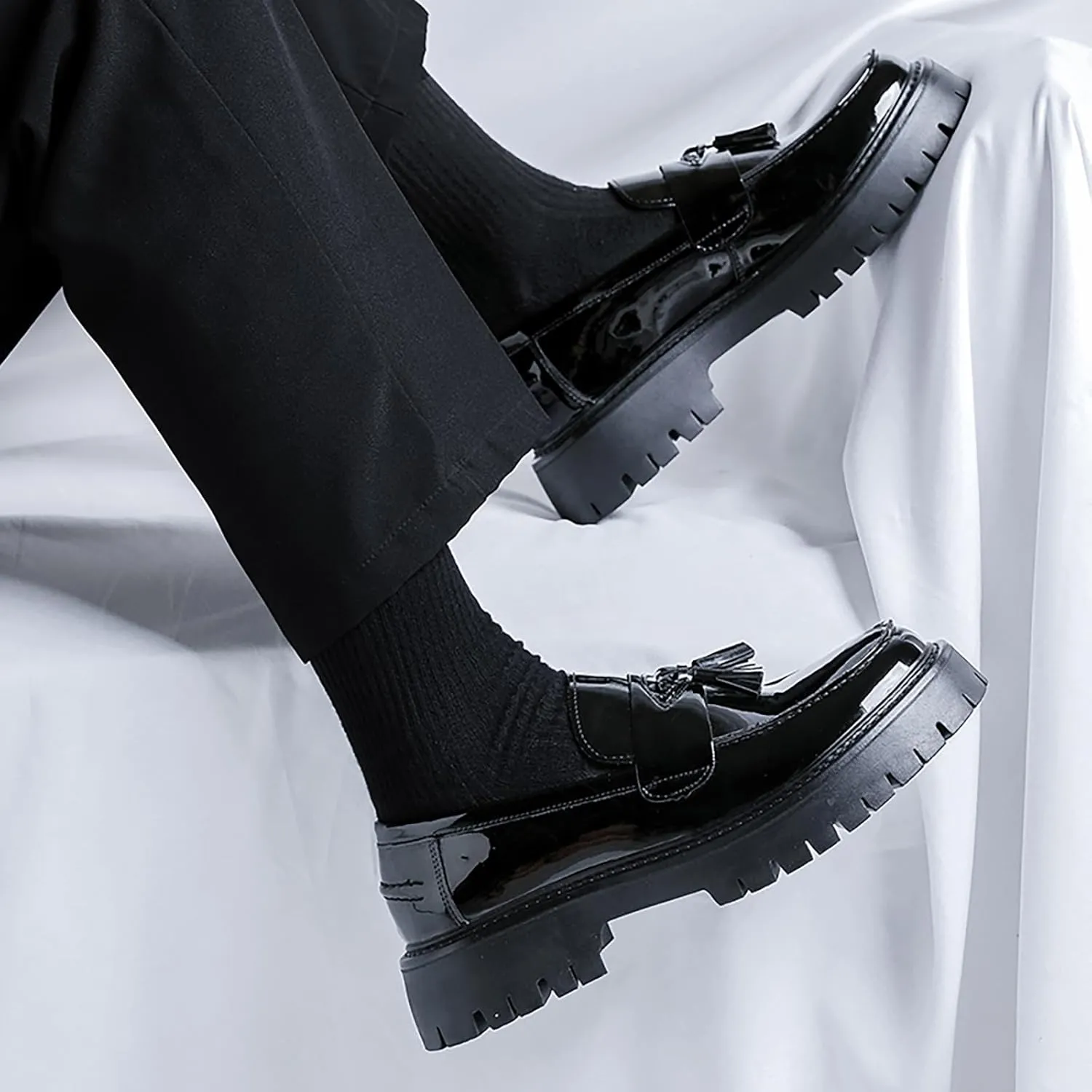 Men's Patent Leather Platform Tassel Loafers - Round Toe Slip-On Chunky Heel Lug Sole Penny Shoes Fashion Business Dress Shoes