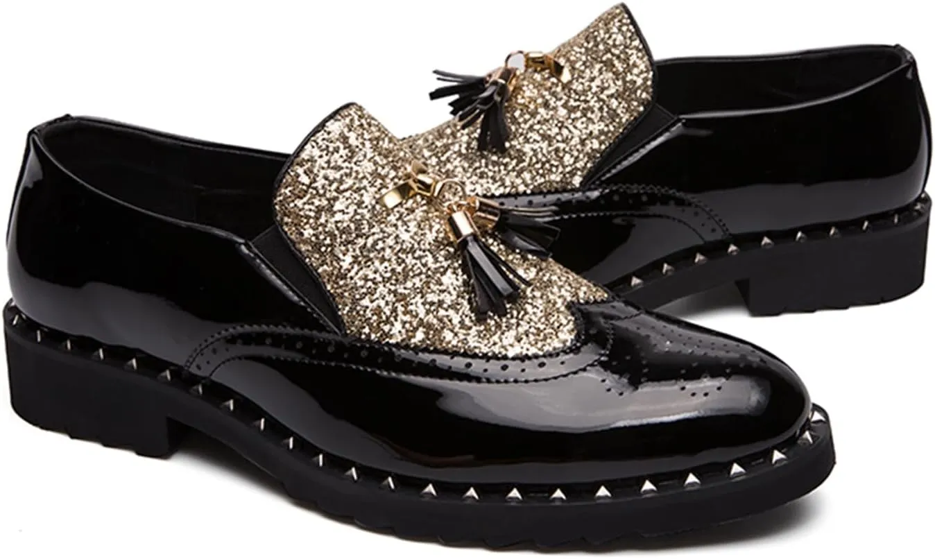 Men's Patent Leather Slip On Sequin Two Tone Rivet Wing Tip Brogue Oxford Shoes Shine Luxury Tassels Low Top Loafers for Party Nightclub Perform Socialize