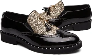 Men's Patent Leather Slip On Sequin Two Tone Rivet Wing Tip Brogue Oxford Shoes Shine Luxury Tassels Low Top Loafers for Party Nightclub Perform Socialize