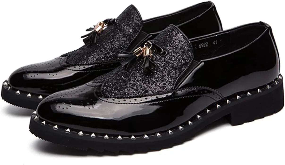 Men's Patent Leather Slip On Sequin Two Tone Rivet Wing Tip Brogue Oxford Shoes Shine Luxury Tassels Low Top Loafers for Party Nightclub Perform Socialize