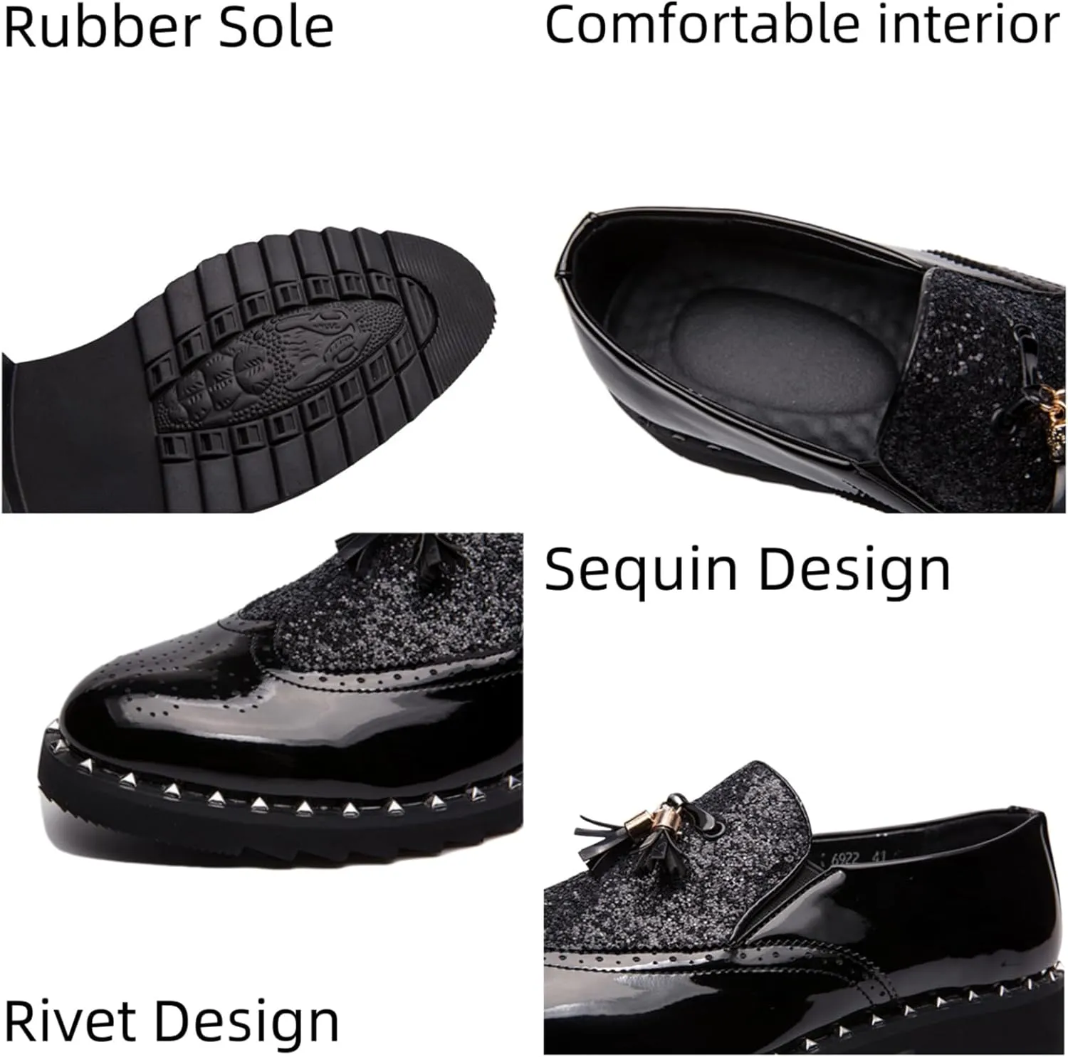 Men's Patent Leather Slip On Sequin Two Tone Rivet Wing Tip Brogue Oxford Shoes Shine Luxury Tassels Low Top Loafers for Party Nightclub Perform Socialize