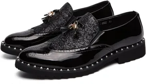 Men's Patent Leather Slip On Sequin Two Tone Rivet Wing Tip Brogue Oxford Shoes Shine Luxury Tassels Low Top Loafers for Party Nightclub Perform Socialize