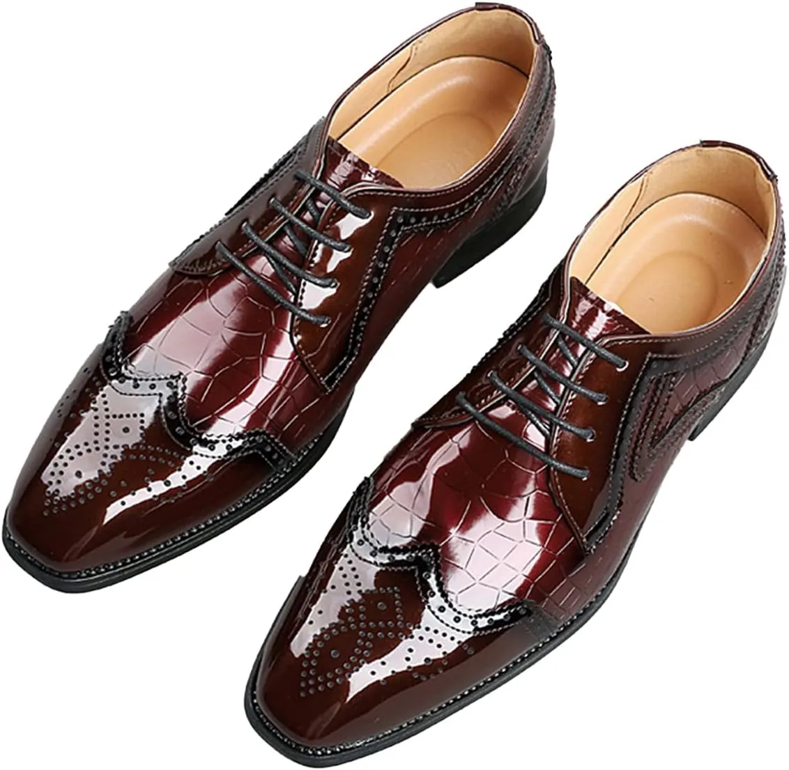 Men's Patent Leather Wingtip Oxfords Lace Up Dress Square Toe Shoes Retro Round Toe Tuxedo Shoes for Prom Wedding Business