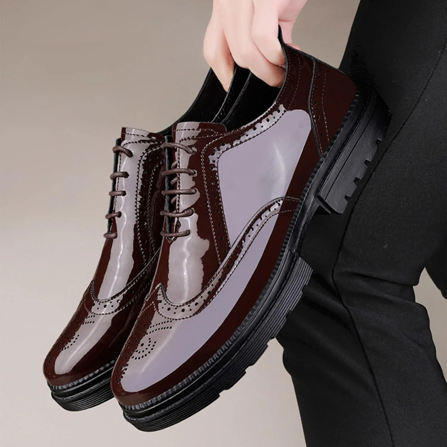 Men's Patent Leather Wingtips Carved Brogue Derby Shoes Classic Round Toe Lace Up Thick Sole Dress Oxfords Breathable Handmade Formal Business Shoes