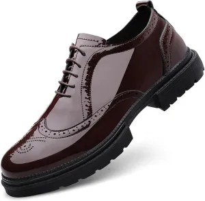 Men's Patent Leather Wingtips Carved Brogue Derby Shoes Classic Round Toe Lace Up Thick Sole Dress Oxfords Breathable Handmade Formal Business Shoes