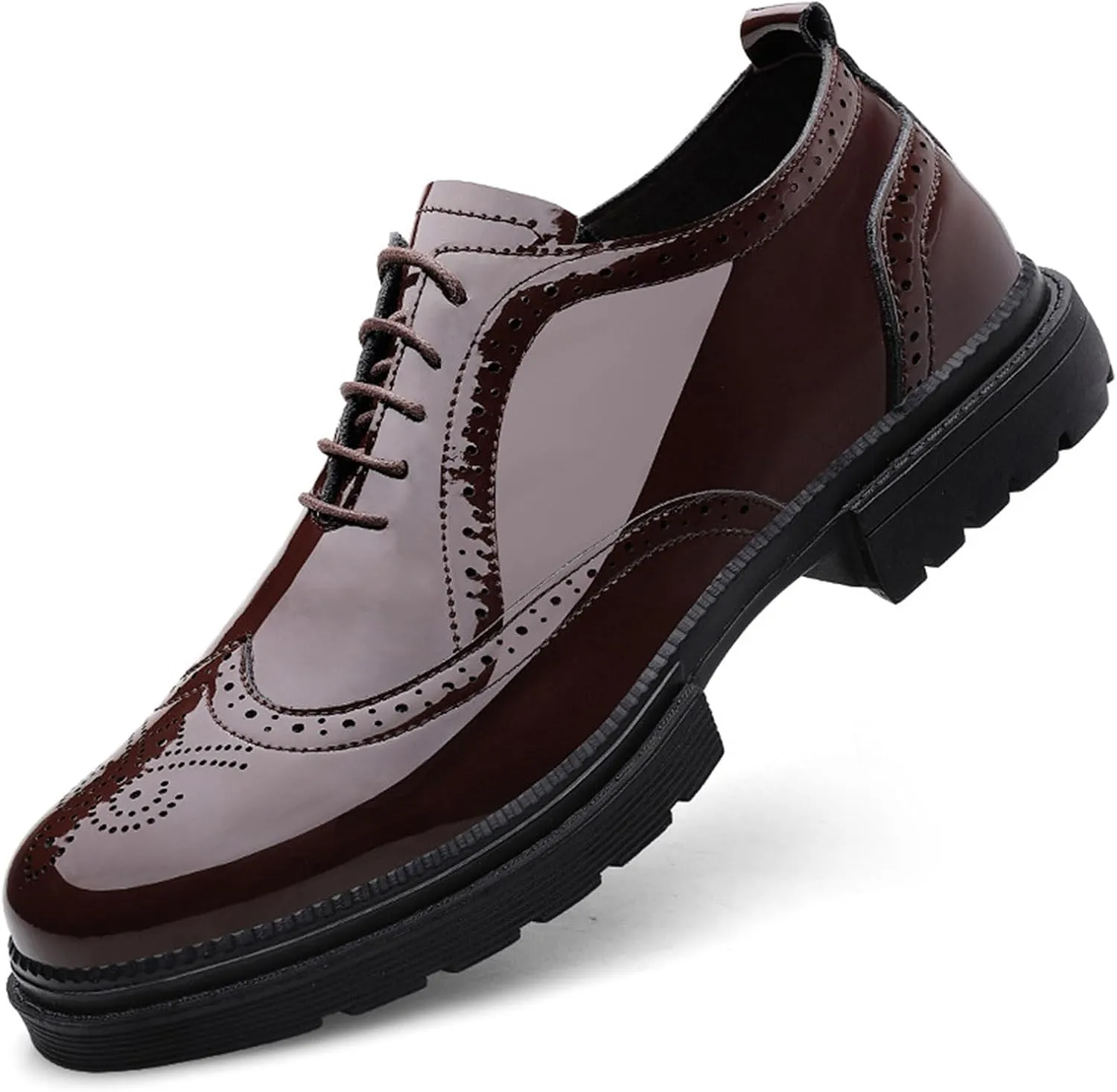 Men's Patent Leather Wingtips Carved Brogue Derby Shoes Classic Round Toe Lace Up Thick Sole Dress Oxfords Breathable Handmade Formal Business Shoes