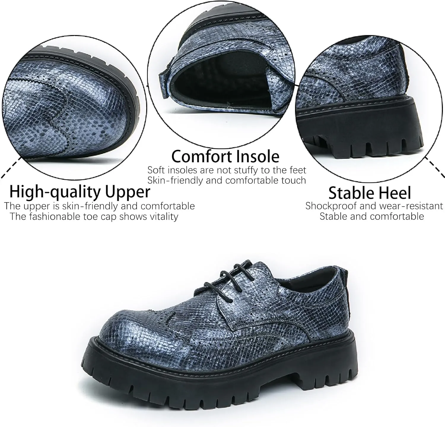 Men's Printed Leather Platform Brogue Oxfords Fashion Comfortable Round Toe Lace Up Lug Sole Block Heel Wingtips Dress Shoe for Formal Business Office Wedding Derbys