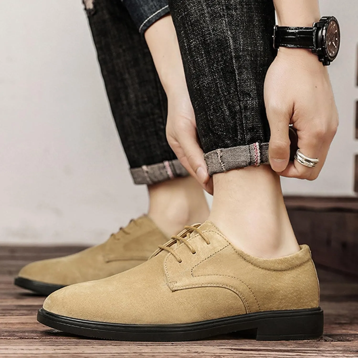 Men's Suede Low Heel Lace-Up Classic Oxford Shoes Retro Round Toe Comfortable Non-Slip Business Work Driving Formal Derby Shoes