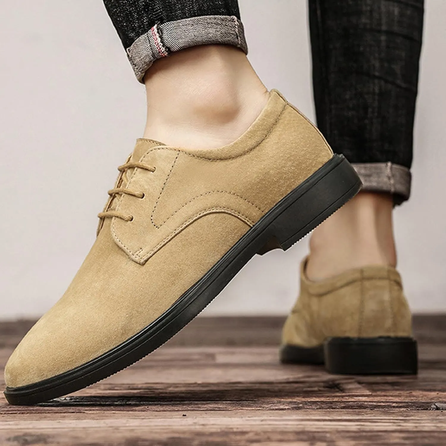 Men's Suede Low Heel Lace-Up Classic Oxford Shoes Retro Round Toe Comfortable Non-Slip Business Work Driving Formal Derby Shoes